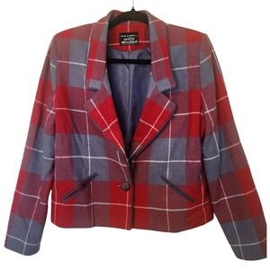 Vtg Patty Woodard Red Grey Plaid Wool Cropped Blazer Medium/Large